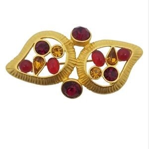 GIVENCHY RARE 1970s SATIN GOLDTONE & RHINESTONE DOUBLE PAISLEY DESIGN BROOCH